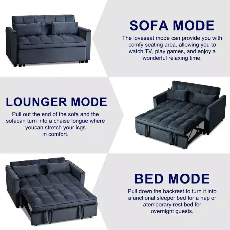 Cement Gray 3 in 1 Velvet Convertible Sleeper Sofa Bed with Pillows and Pockets, Modern Pull Out Couch Bed, Adjustable Backrest