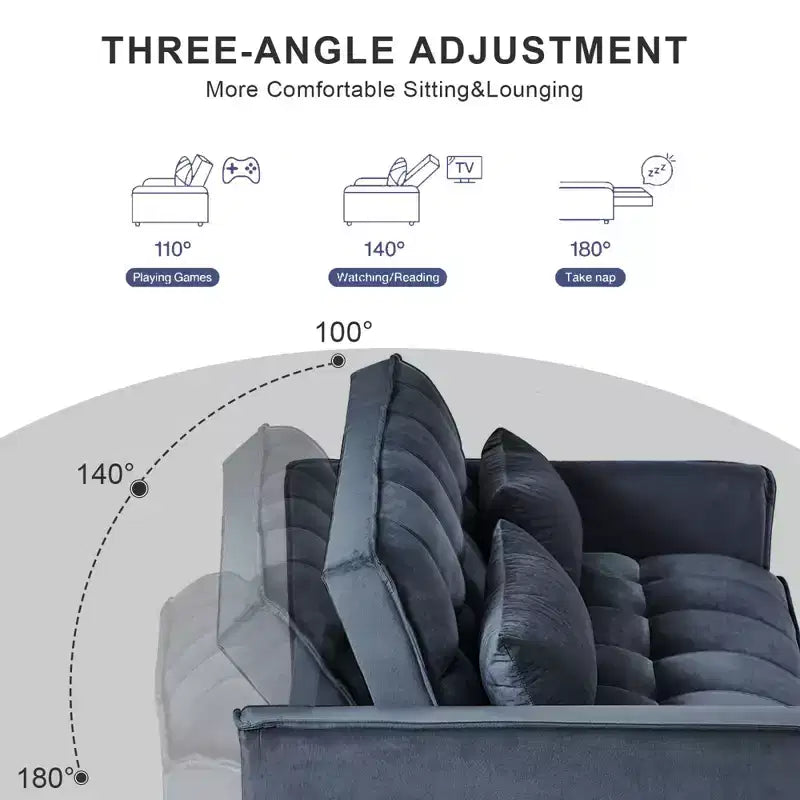 Cement Gray 3 in 1 Velvet Convertible Sleeper Sofa Bed with Pillows and Pockets, Modern Pull Out Couch Bed, Adjustable Backrest