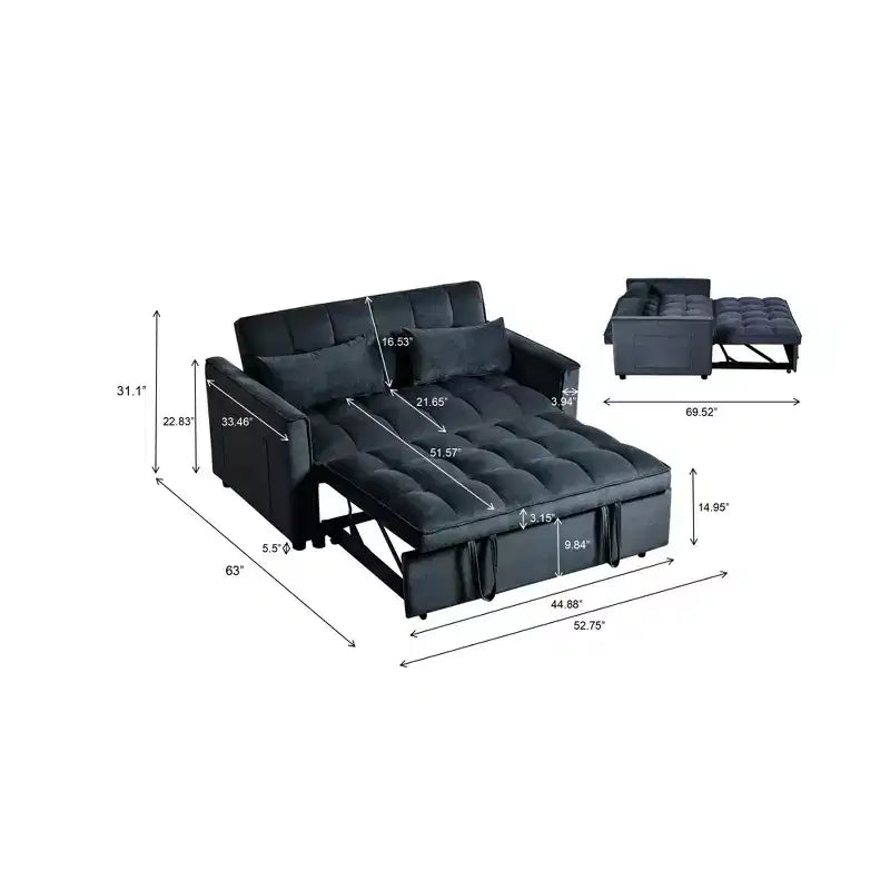 Cement Gray 3 in 1 Velvet Convertible Sleeper Sofa Bed with Pillows and Pockets, Modern Pull Out Couch Bed, Adjustable Backrest