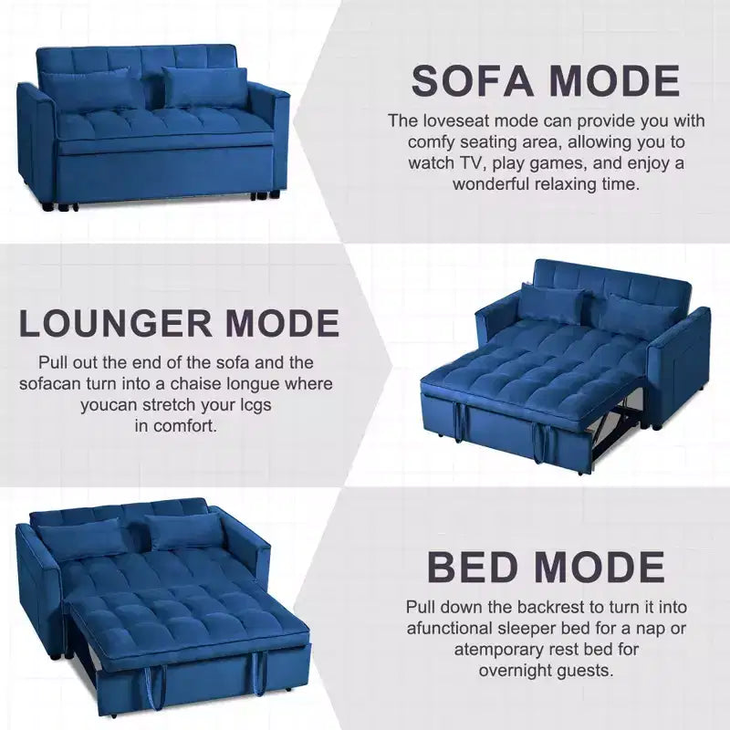 Cement Gray 3 in 1 Velvet Convertible Sleeper Sofa Bed with Pillows and Pockets, Modern Pull Out Couch Bed, Adjustable Backrest