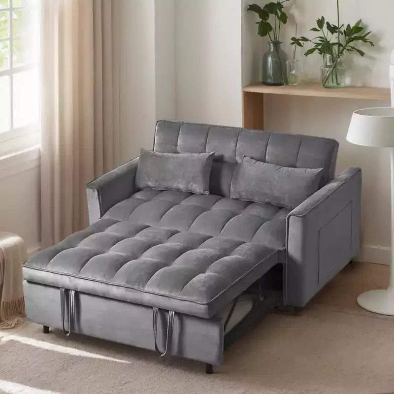 Cement Gray 3 in 1 Velvet Convertible Sleeper Sofa Bed with Pillows and Pockets, Modern Pull Out Couch Bed, Adjustable Backrest