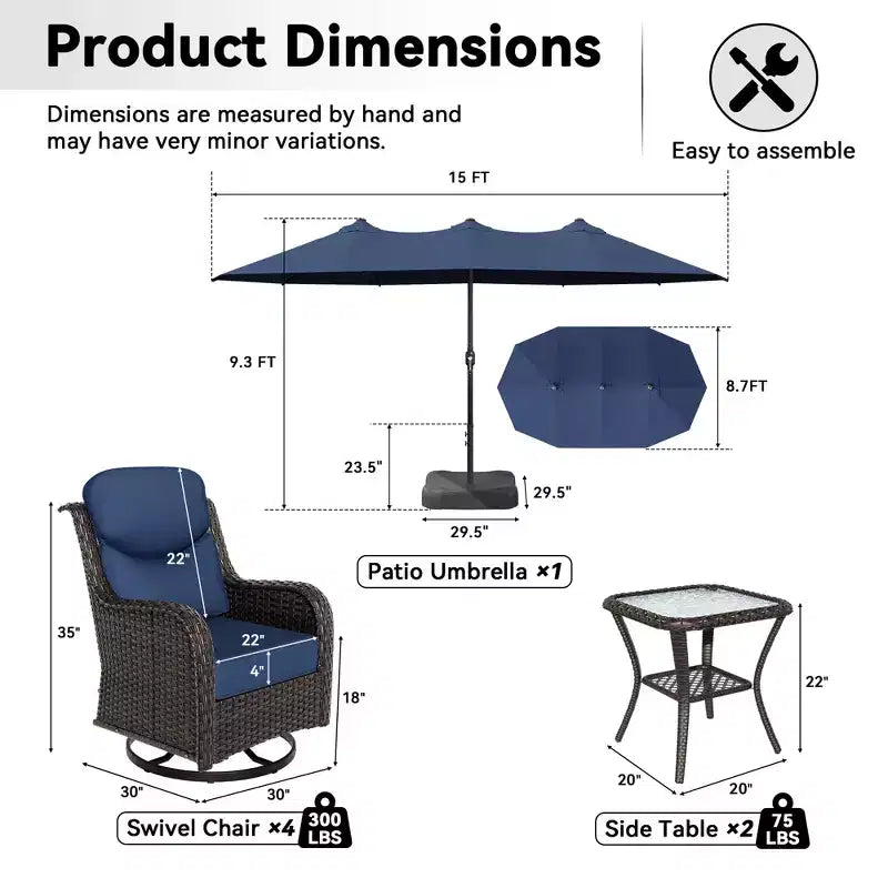 UPTIOT Outdoor Swivel Chair Set with Side Tables and 15-ft Enhanced Patio Umbrella