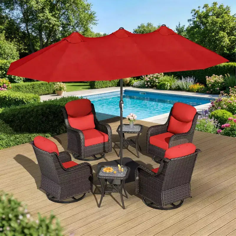 UPTIOT Outdoor Swivel Chair Set with Side Tables and 15-ft Enhanced Patio Umbrella