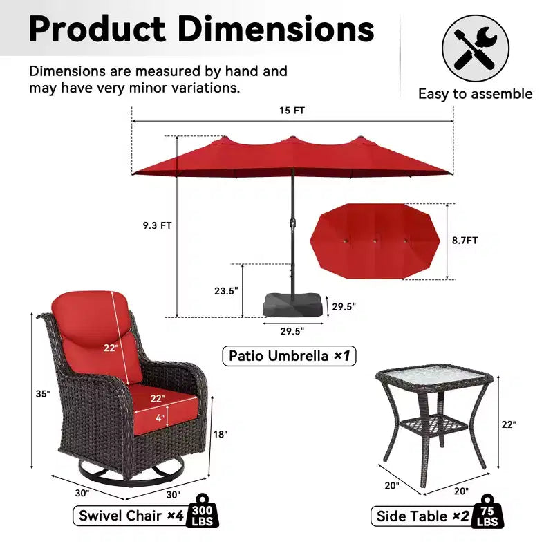 UPTIOT Outdoor Swivel Chair Set with Side Tables and 15-ft Enhanced Patio Umbrella