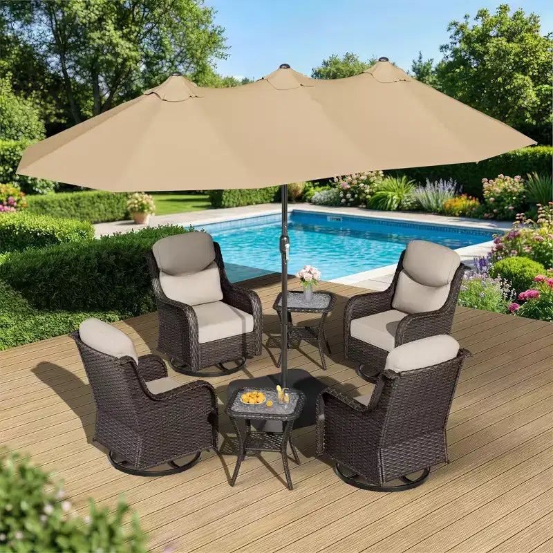 UPTIOT Outdoor Swivel Chair Set with Side Tables and 15-ft Enhanced Patio Umbrella