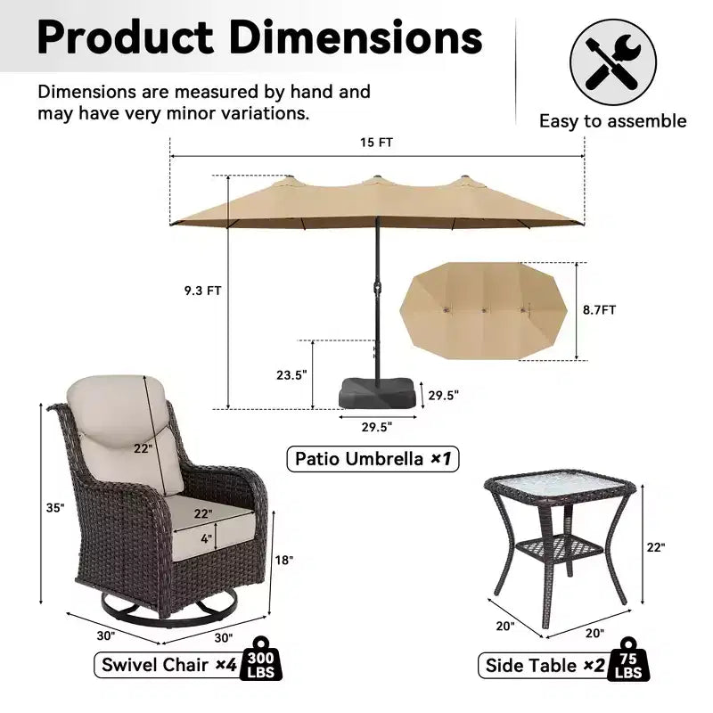 UPTIOT Outdoor Swivel Chair Set with Side Tables and 15-ft Enhanced Patio Umbrella