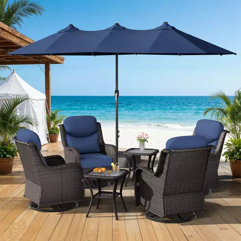UPTIOT Outdoor Swivel Chair Set with Side Tables and 15-ft Enhanced Patio Umbrella