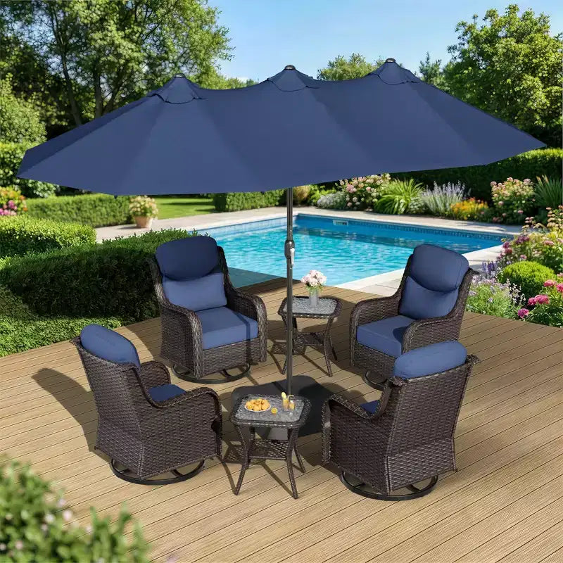 UPTIOT Outdoor Swivel Chair Set with Side Tables and 15-ft Enhanced Patio Umbrella