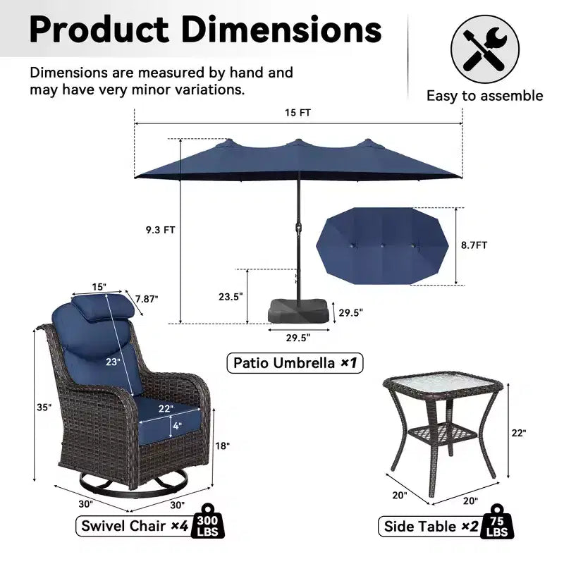 UPTIOT Outdoor Patio Set with Rocking Chairs, Side Tables & 15FT Sun Umbrella for Garden Relaxation