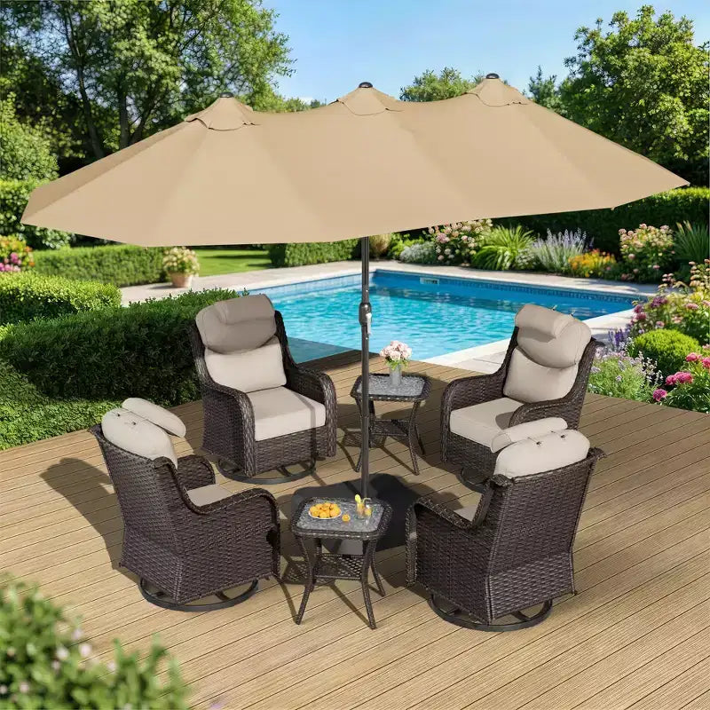 UPTIOT Outdoor Patio Set with Rocking Chairs, Side Tables & 15FT Sun Umbrella for Garden Relaxation