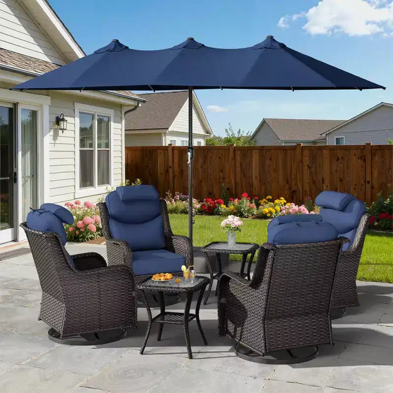 UPTIOT Outdoor Patio Set with Rocking Chairs, Side Tables & 15FT Sun Umbrella for Garden Relaxation