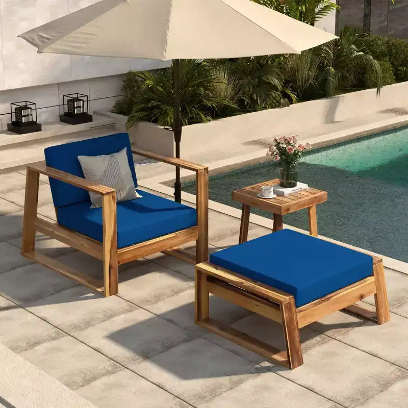 GDFStudio Camille Acacia Wood Outdoor Lounge Chair and Ottoman Set with Cushions