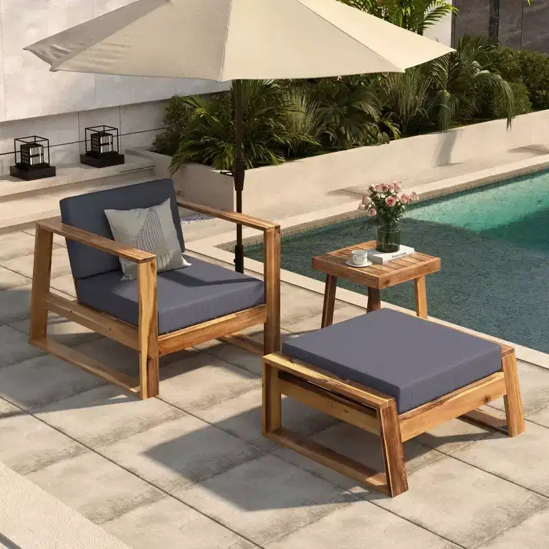 GDFStudio Camille Acacia Wood Outdoor Lounge Chair and Ottoman Set with Cushions