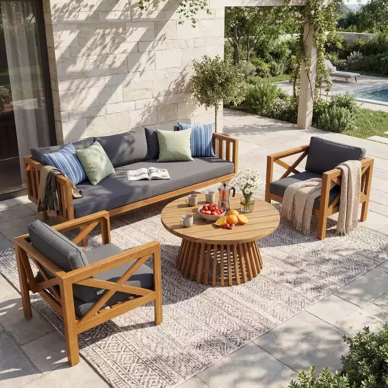Christopher Knight Home Claremont Patio Modern Acacia Wood 4-Piece Conversation Set Cushions