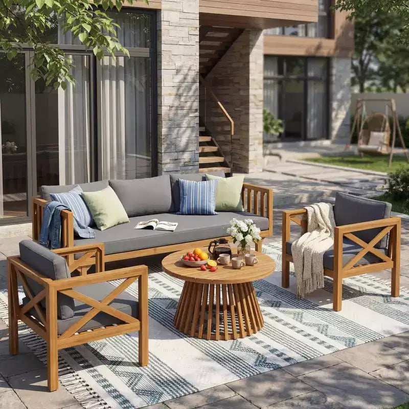 Christopher Knight Home Claremont Patio Modern Acacia Wood 4-Piece Conversation Set Cushions