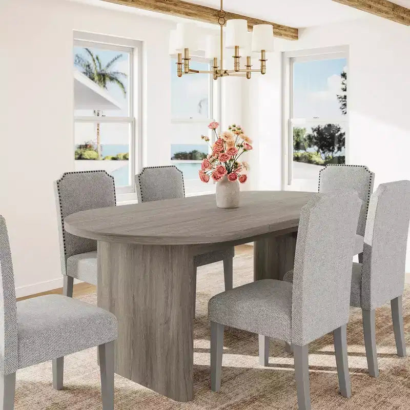 Oval Dining Table Set with Upholstered Dining Chairs, Kitchen Table with Sturdy Wood Base, High Back Solid Wood Dining Chair for Kitchen