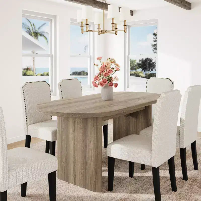 Oval Dining Table Set with Upholstered Dining Chairs, Kitchen Table with Sturdy Wood Base, High Back Solid Wood Dining Chair for Kitchen
