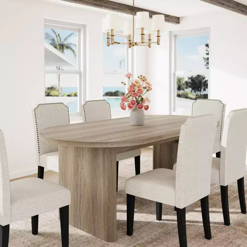 Oval Dining Table Set with Upholstered Dining Chairs, Kitchen Table with Sturdy Wood Base, High Back Solid Wood Dining Chair for Kitchen