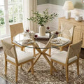 Modern Round Glass Dining Table Set for 4, Kitchen Dining Set with Upholstered Woven Back Chairs, Kitchen & Dining Room Furniture-Panipeachy