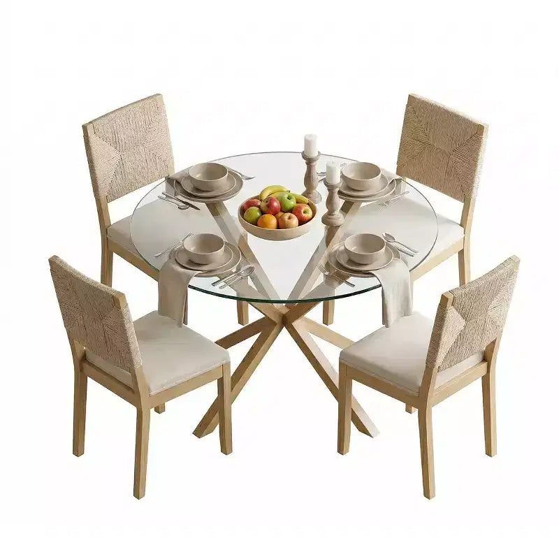 Modern Round Glass Dining Table Set for 4, Kitchen Dining Set with Upholstered Woven Back Chairs, Kitchen & Dining Room Furniture-Panipeachy