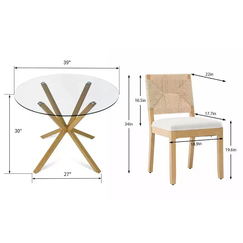 Modern Round Glass Dining Table Set for 4, Kitchen Dining Set with Upholstered Woven Back Chairs, Kitchen & Dining Room Furniture-Panipeachy
