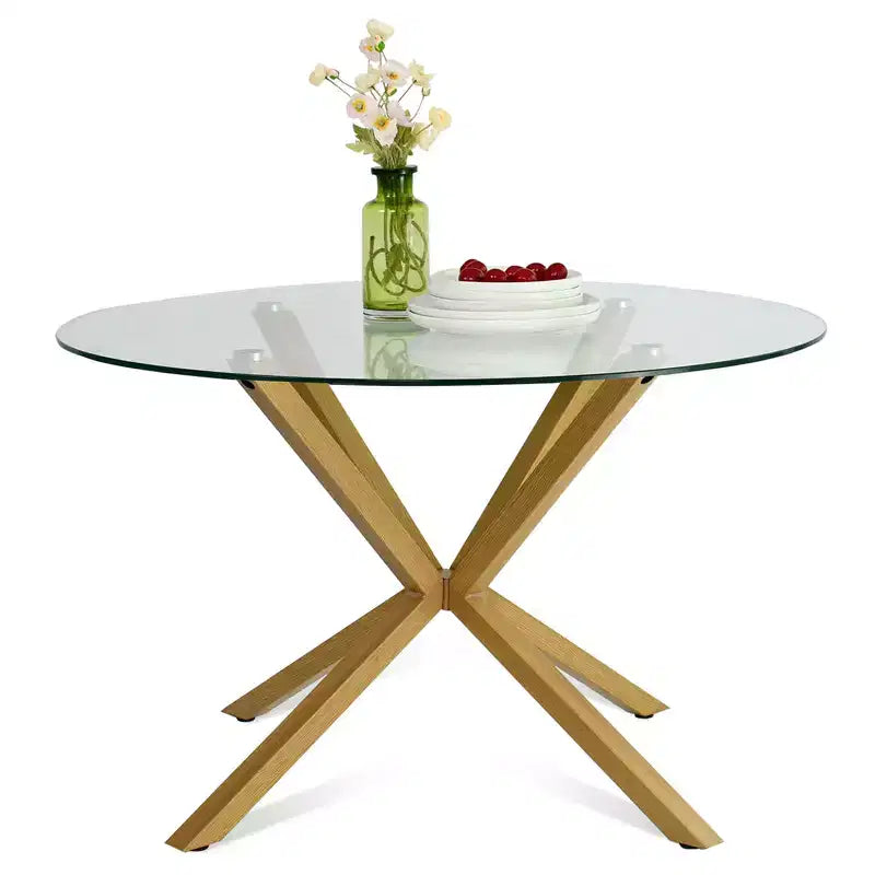 Modern Round Glass Dining Table Set for 4, Kitchen Dining Set with Upholstered Woven Back Chairs, Kitchen & Dining Room Furniture-Panipeachy