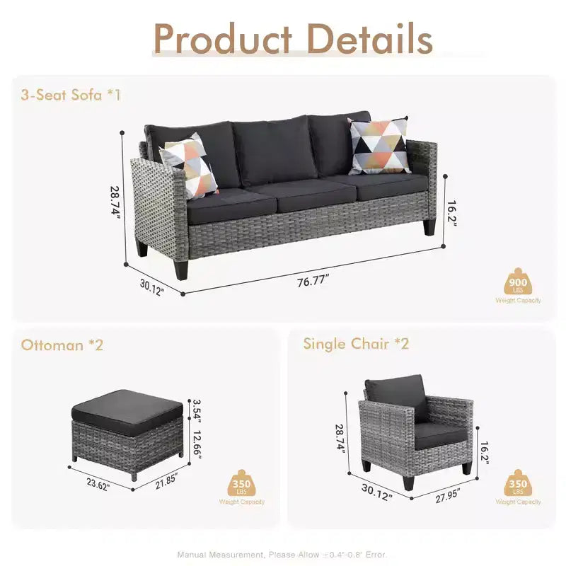 HOMLUX 5-Piece Outdoor Patio Furniture Set: 3-Seater + 2 Chairs + 2 Ottomans