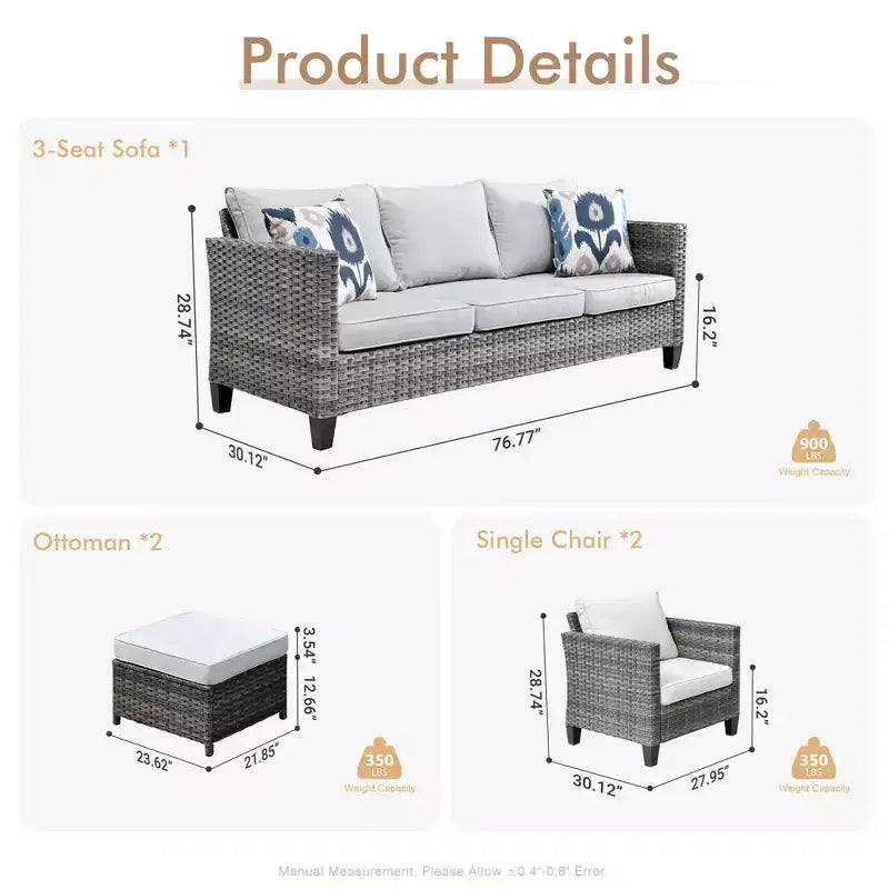 HOMLUX 5-Piece Outdoor Patio Furniture Set: 3-Seater + 2 Chairs + 2 Ottomans