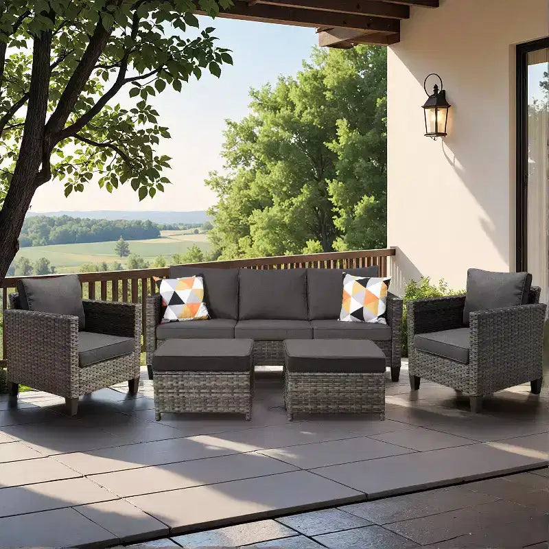 HOMLUX 5-Piece Outdoor Patio Furniture Set: 3-Seater + 2 Chairs + 2 Ottomans