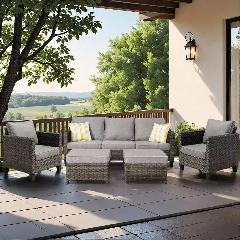 HOMLUX 5-Piece Outdoor Patio Furniture Set: 3-Seater + 2 Chairs + 2 Ottomans