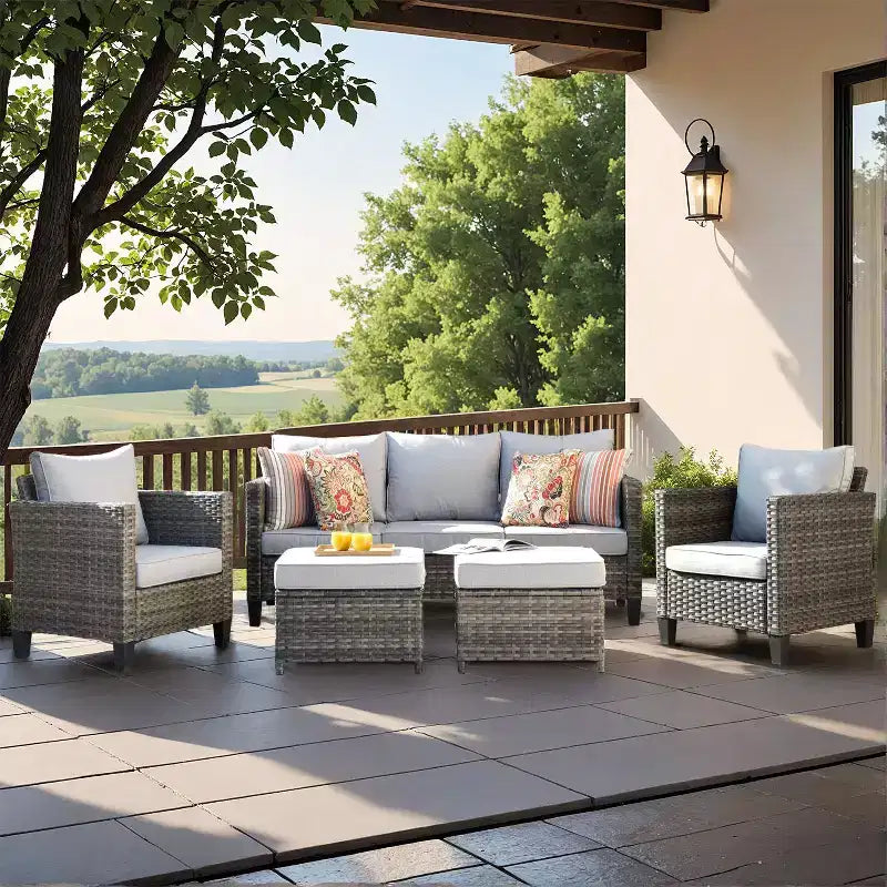 HOMLUX 5-Piece Outdoor Patio Furniture Set: 3-Seater + 2 Chairs + 2 Ottomans
