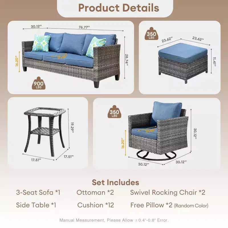 HOMLUX 6-Piece Patio Conversation Set w/ 3-Seater Sofa & Ottomans, Swivel Chairs Set