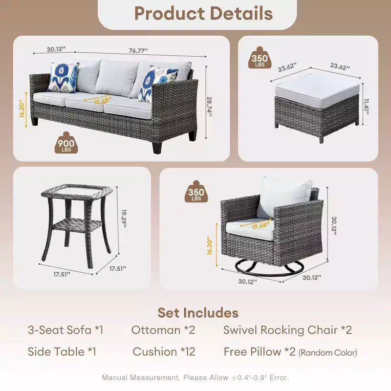HOMLUX 6-Piece Patio Conversation Set w/ 3-Seater Sofa & Ottomans, Swivel Chairs Set