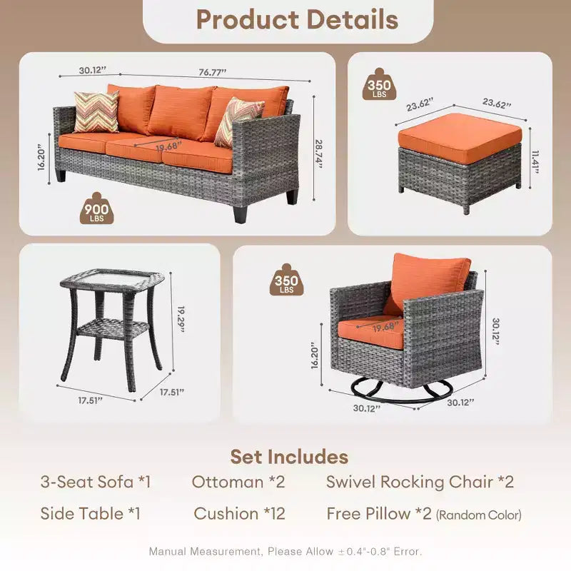 HOMLUX 6-Piece Patio Conversation Set w/ 3-Seater Sofa & Ottomans, Swivel Chairs Set
