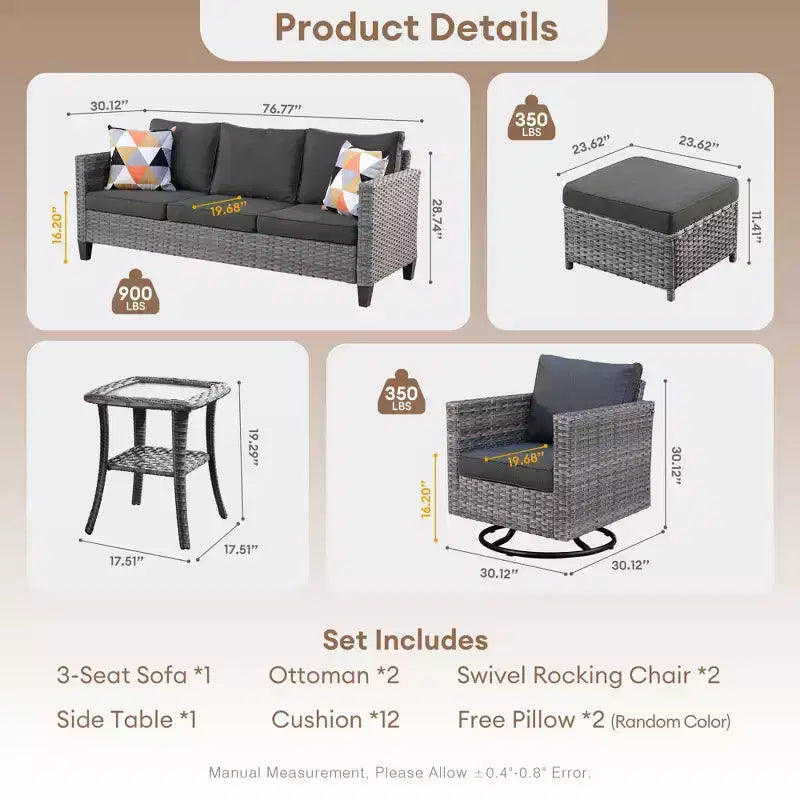 HOMLUX 6-Piece Patio Conversation Set w/ 3-Seater Sofa & Ottomans, Swivel Chairs Set