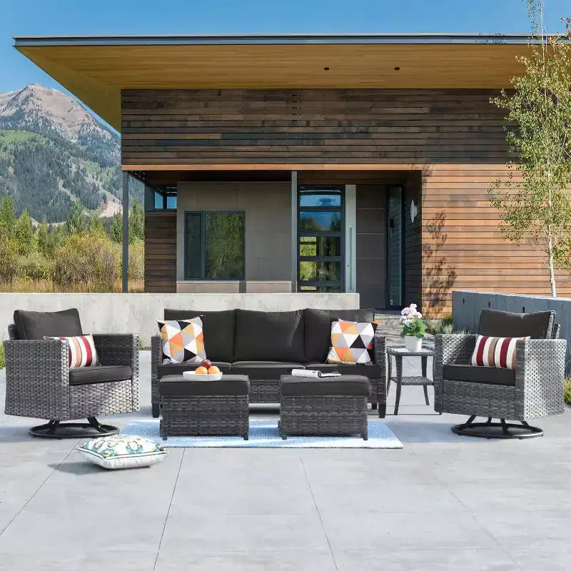 HOMLUX 6-Piece Patio Conversation Set w/ 3-Seater Sofa & Ottomans, Swivel Chairs Set