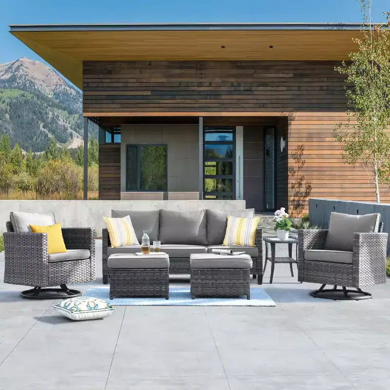 HOMLUX 6-Piece Patio Conversation Set w/ 3-Seater Sofa & Ottomans, Swivel Chairs Set