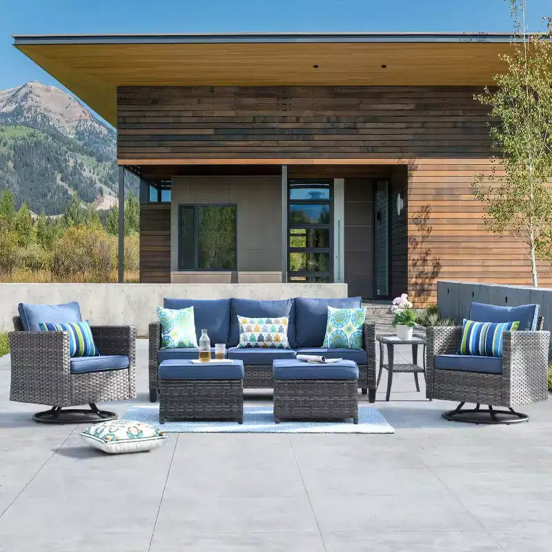 HOMLUX 6-Piece Patio Conversation Set w/ 3-Seater Sofa & Ottomans, Swivel Chairs Set