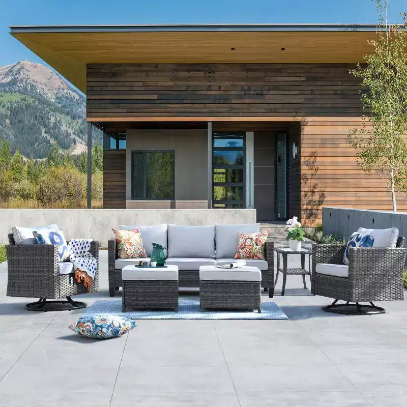 HOMLUX 6-Piece Patio Conversation Set w/ 3-Seater Sofa & Ottomans, Swivel Chairs Set