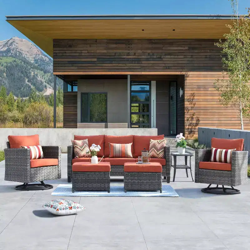 HOMLUX 6-Piece Patio Conversation Set w/ 3-Seater Sofa & Ottomans, Swivel Chairs Set