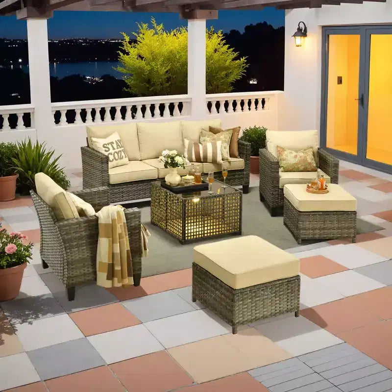 HOMLUX Outdoor 6-Piece Sofa Set w/ Ottomans & Rattan Coffee Table, Ergonomic Gray Design
