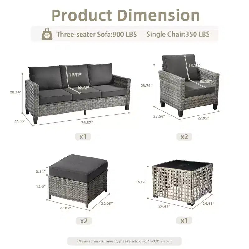 HOMLUX Outdoor 6-Piece Sofa Set w/ Ottomans & Rattan Coffee Table, Ergonomic Gray Design