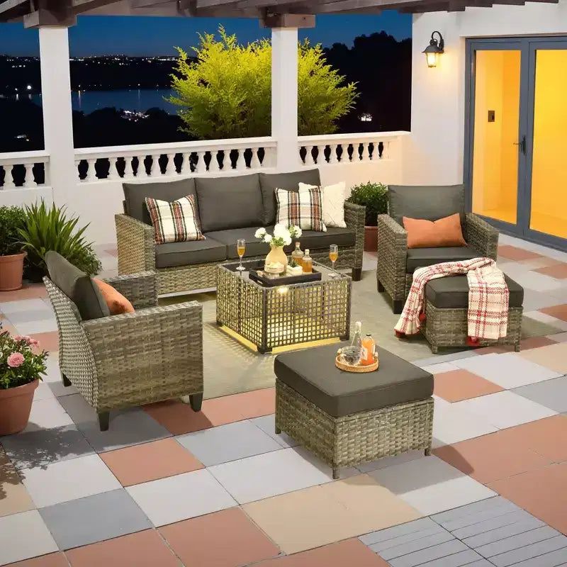 HOMLUX Outdoor 6-Piece Sofa Set w/ Ottomans & Rattan Coffee Table, Ergonomic Gray Design
