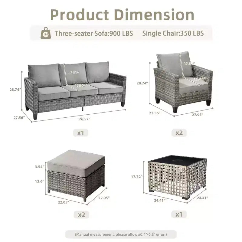 HOMLUX Outdoor 6-Piece Sofa Set w/ Ottomans & Rattan Coffee Table, Ergonomic Gray Design