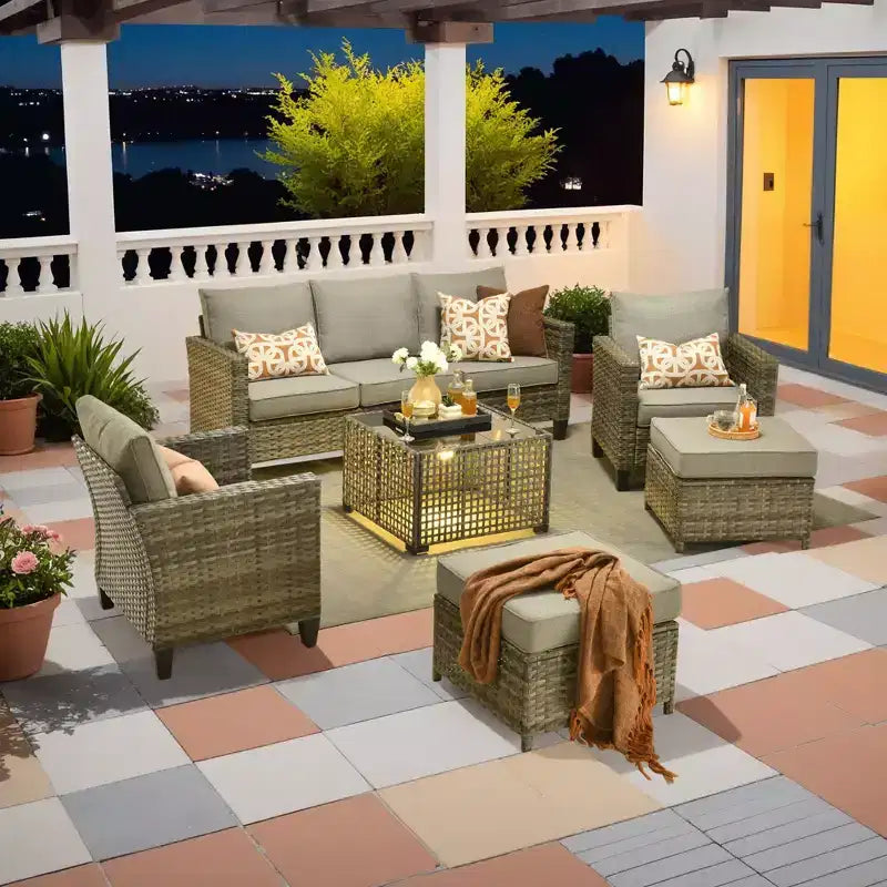 HOMLUX Outdoor 6-Piece Sofa Set w/ Ottomans & Rattan Coffee Table, Ergonomic Gray Design