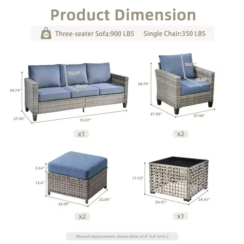 HOMLUX Outdoor 6-Piece Sofa Set w/ Ottomans & Rattan Coffee Table, Ergonomic Gray Design