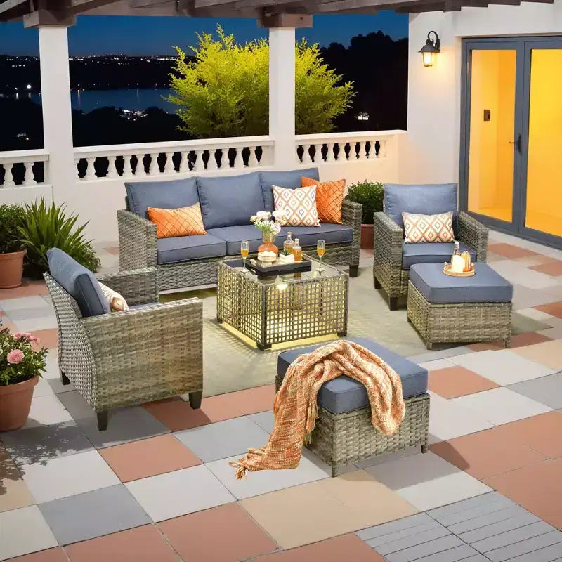 HOMLUX Outdoor 6-Piece Sofa Set w/ Ottomans & Rattan Coffee Table, Ergonomic Gray Design