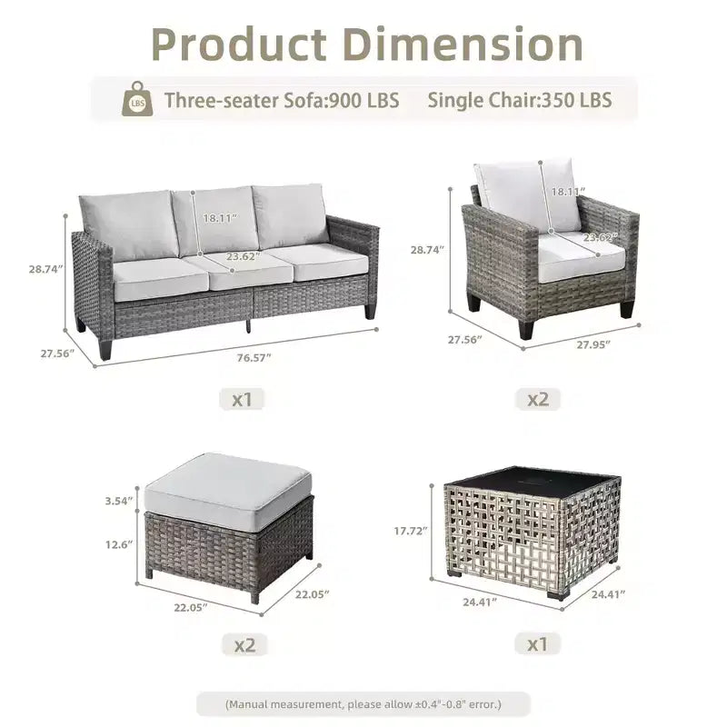 HOMLUX Outdoor 6-Piece Sofa Set w/ Ottomans & Rattan Coffee Table, Ergonomic Gray Design