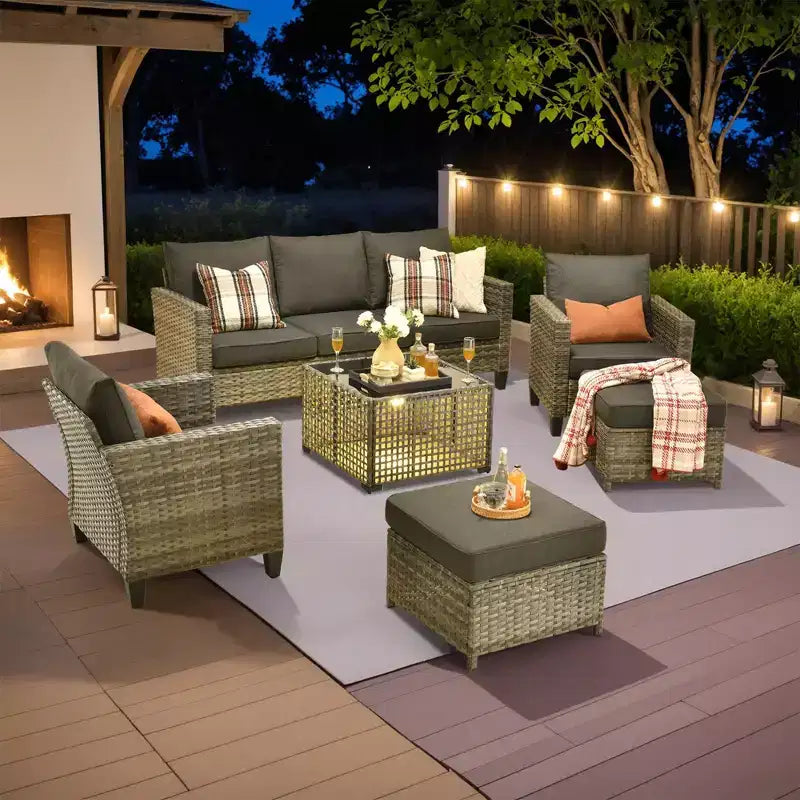 HOMLUX Outdoor 6-Piece Sofa Set w/ Ottomans & Rattan Coffee Table, Ergonomic Gray Design