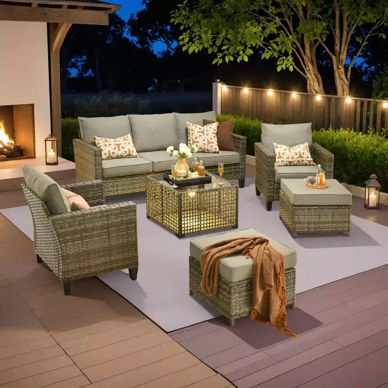 HOMLUX Outdoor 6-Piece Sofa Set w/ Ottomans & Rattan Coffee Table, Ergonomic Gray Design